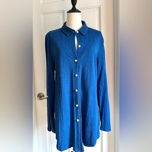 Soma Blue Button Down tunic length top with roll tab sleeve, size large.